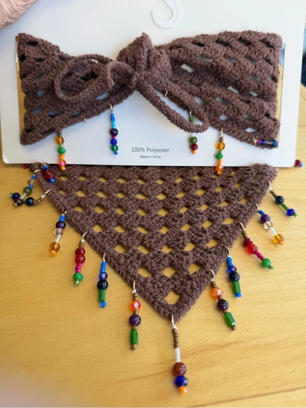 Piper-k Brown Crochet Beaded Triangle Beaded Hair/Neck Scarf